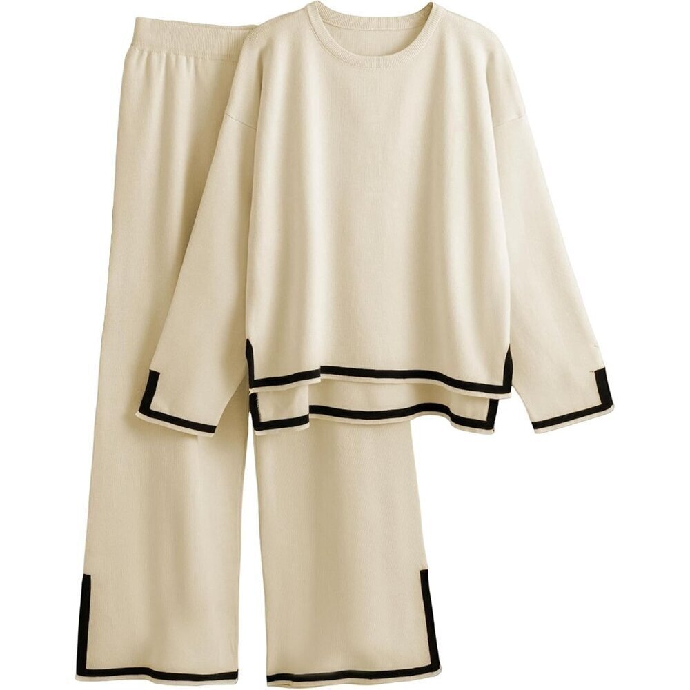 Women's Apricot Long Sleeve Knit Sweater Top & Wide Leg Pants Lounge Set